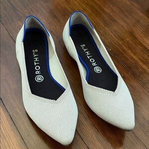 Rothy's Pointed Knit Flats in Ivory with Blue Trim